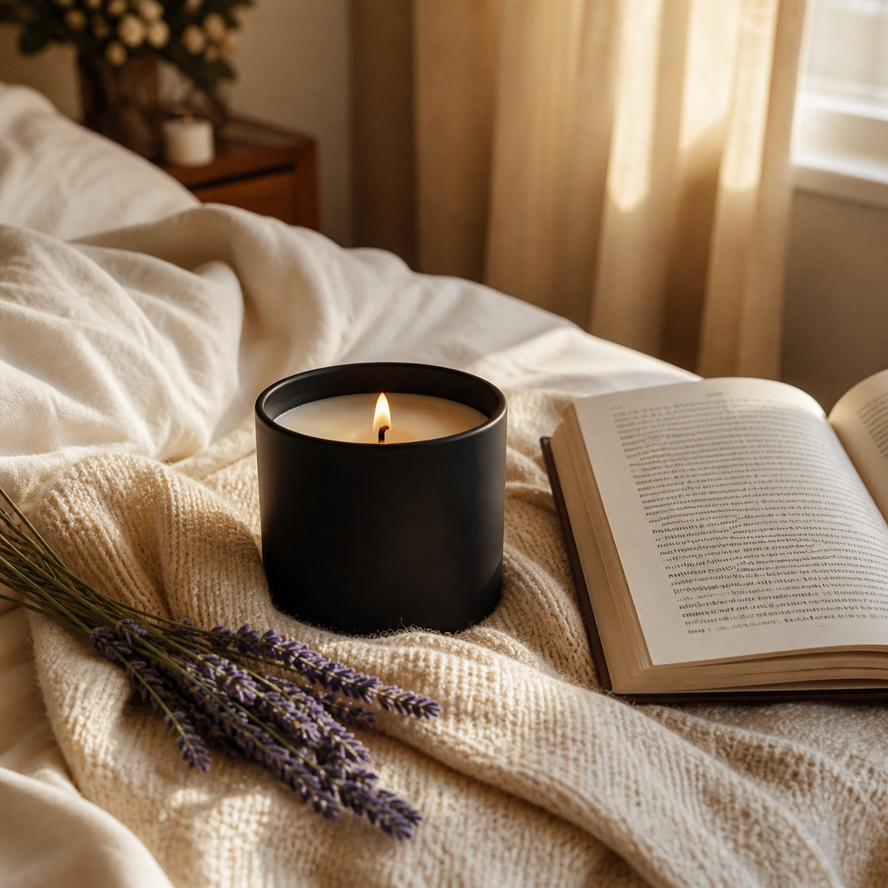 Pop and Vibe Lavender and Vanilla candle in matte black tin lifestyle shot