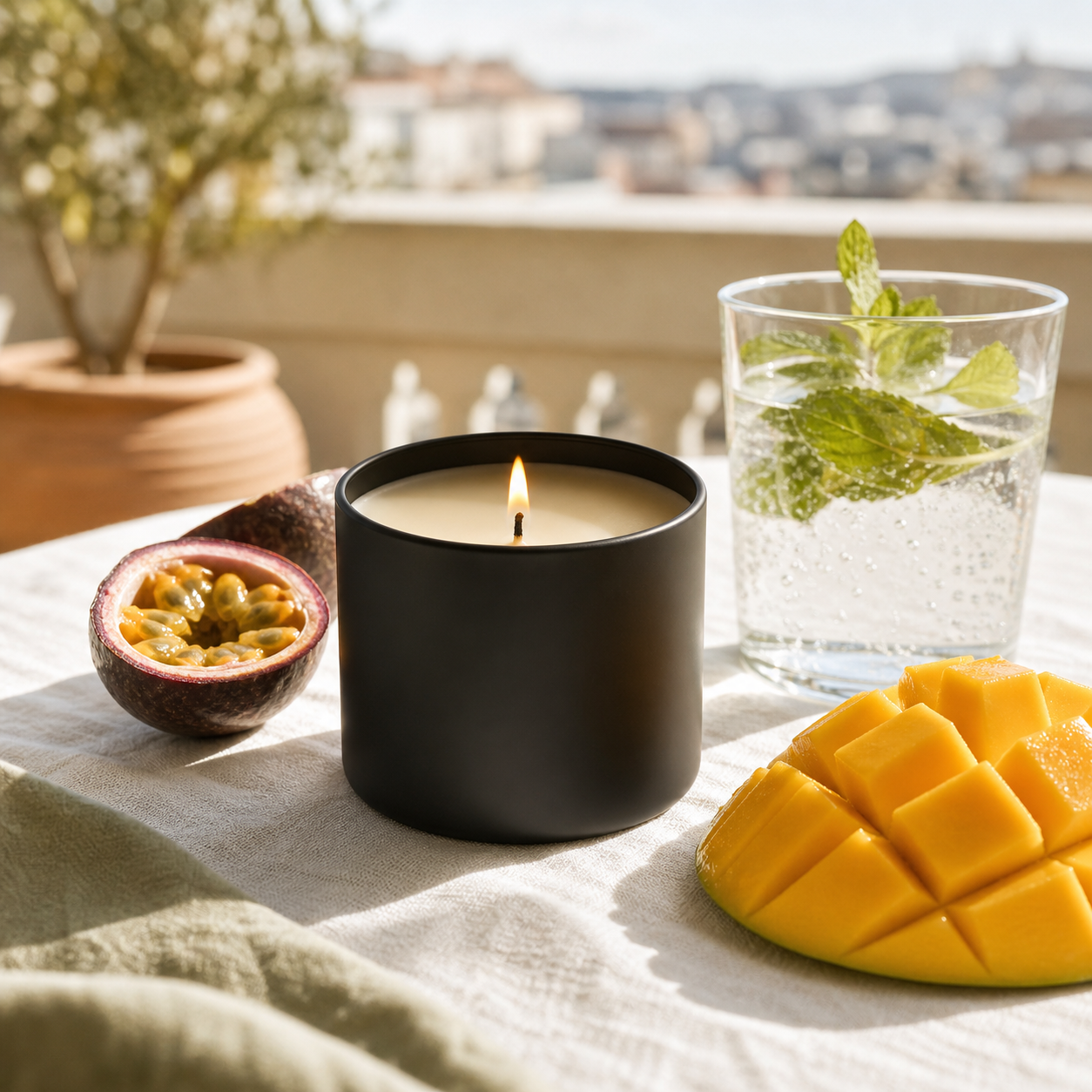 Pop and Vibe Mango and Passionfruit candle in matte black tin lifestyle shot