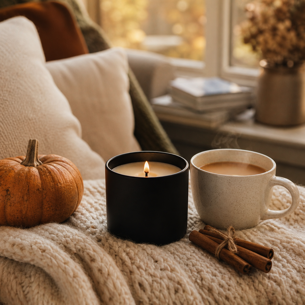 Pop and Vibe Pumpkin Spice candle in matte black tin lifestyle shot