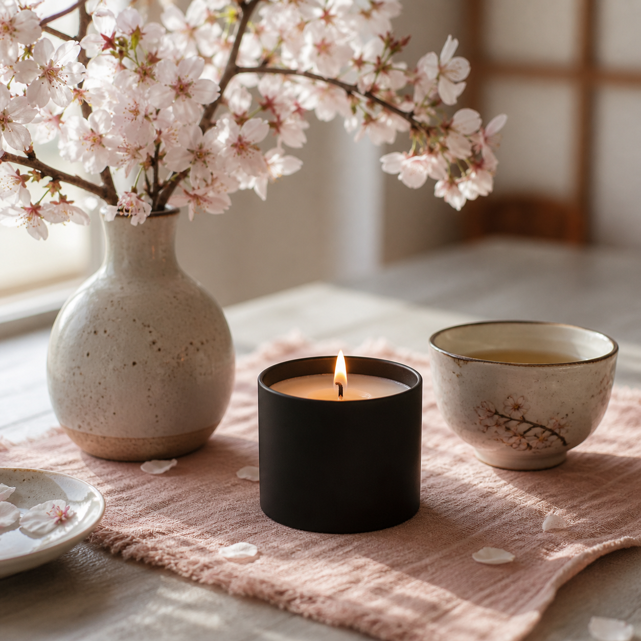 Pop and Vibe Cherry Blossoms candle in matte black tin lifestyle shot