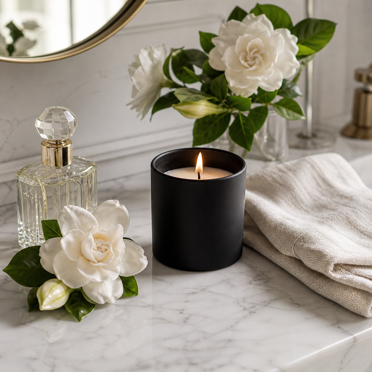 Pop and Vibe Gardenia candle in matte black tin lifestyle shot