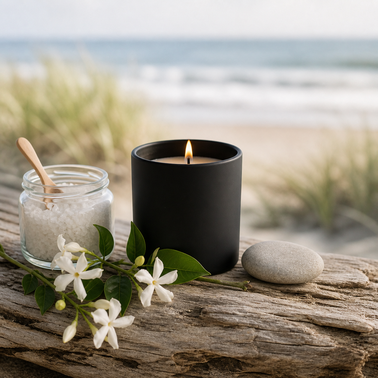 Pop and Vibe Seasalt and Jasmine candle in matte black tin lifestyle shot